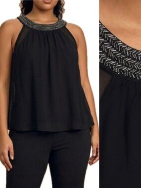 SOCIALITE Beaded Halter Top Size Large Black Sheer Chiffon Sleeveless Fairy Goth